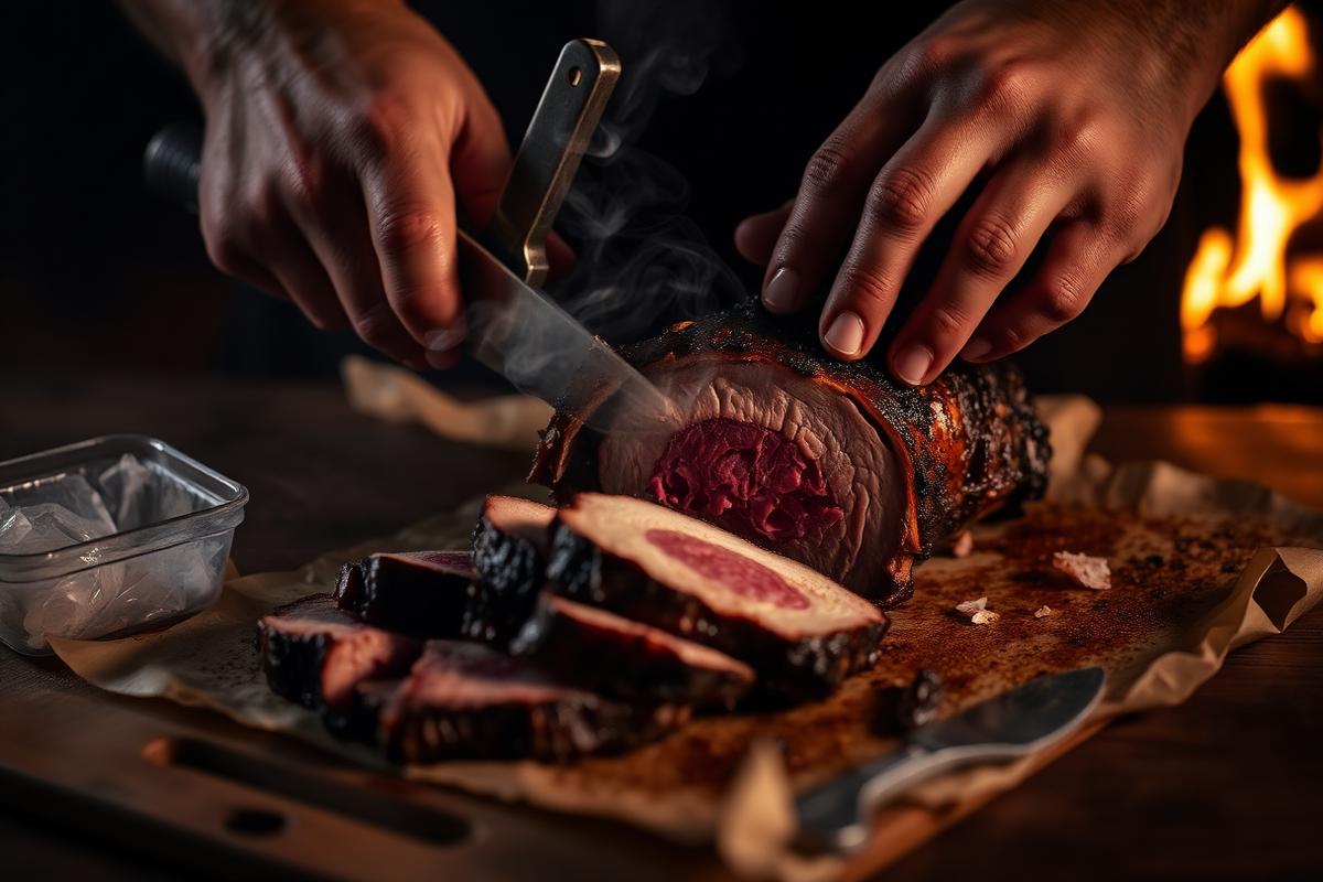 Brisket met rookring wordt gesneden op slagerspapier