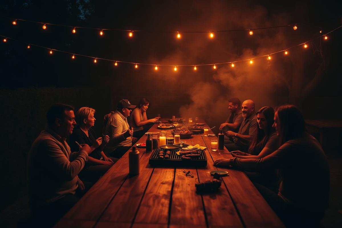 Lange tafel met gasten in een tuin bij avond